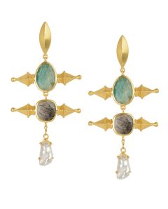 Golden Earrings with Green Aventurine  Black Rutile and Viva Pearl 