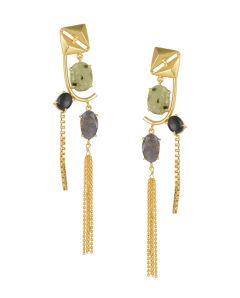 Golden Earrings with Labradorite Gray Moon And Black Onex Stones 