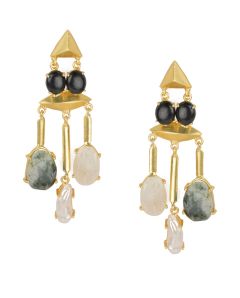 Golden Earrings with Black Onex Labradorite Viva Pearl and Lef Rainbow Stones 
