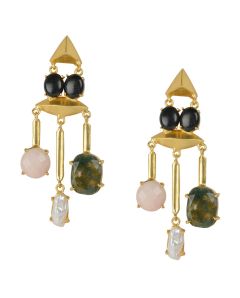 Golden Earrings with Top Black Onex Bottom Right Labradorite Middle  Viva Pearl Bottom Left Rosequartz Stone