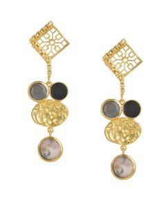 Golden Earrings  with Grey Moon and Black Onex Pink Opal Stones