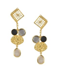 Golden Earrings with Black Onex and Grey Moon Rainbow Stones 