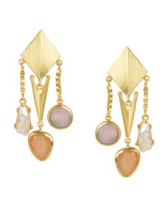 Golden And Grey Moon Pink Opal Stones Earrings