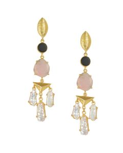 Golden Earrings with Black Onex Pink Opal Viva Pearl Stones