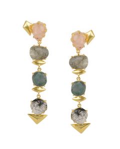 Golden Earrings with Pink Moon Black Rutial Labradorite and Black Rutile Stones