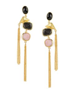 Golden Earrings with Black Onex Labradorite Pink Opal Stones