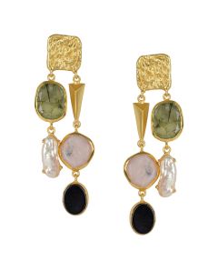 Golden Earrings with Labrorite Viva Pearl Pink Opal and Black Onex Stones
