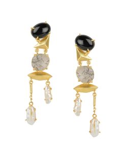 Golden Earrings with Top Black Onex Middle Black Rutile Bottom Viva Pearl Stones