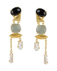 Golden Earrings with Black Onex Green Aventurine and Viva Pearl Stones