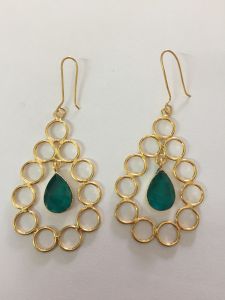 Gold Plated Brass Earring With Green Stone 