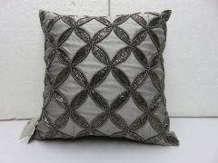 Grey Beaded Poly Silk Cushion Cover