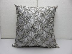 Beaded Flower Poly Silk Cushion Cover