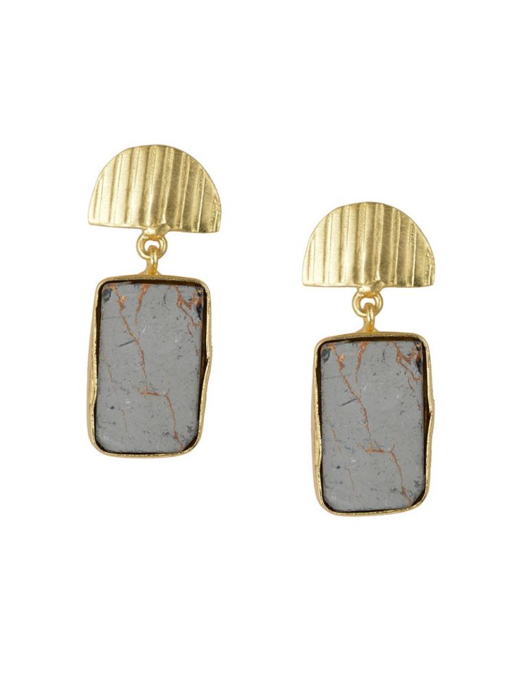Golden Earrings with Black Copper Bhatti Stone