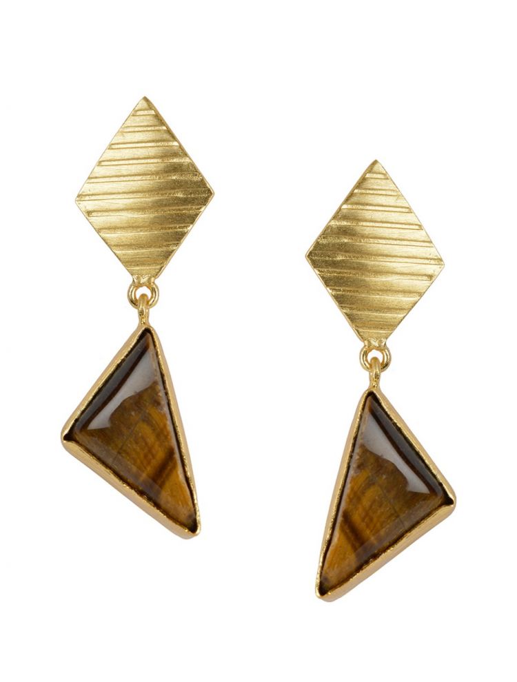 Golden Earrings With Tiger Eyes Stone