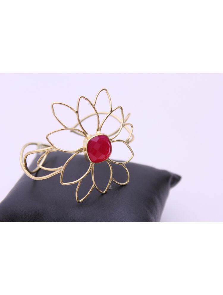 Gold Plated Brass Cuff with Red Stone