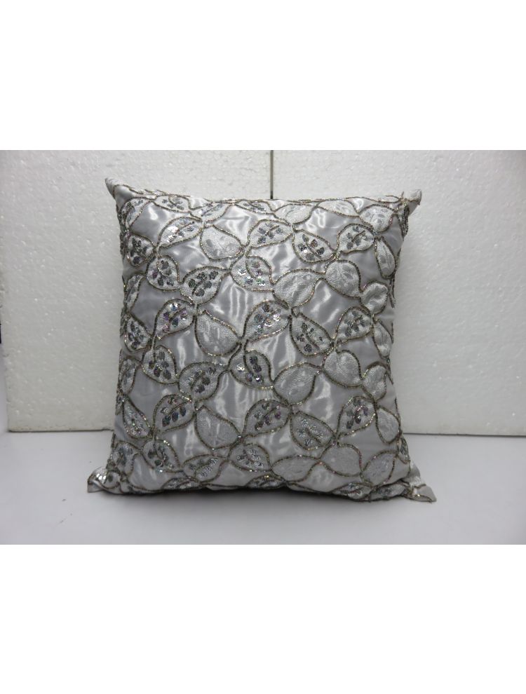 Beaded Flower Poly Silk Cushion Cover