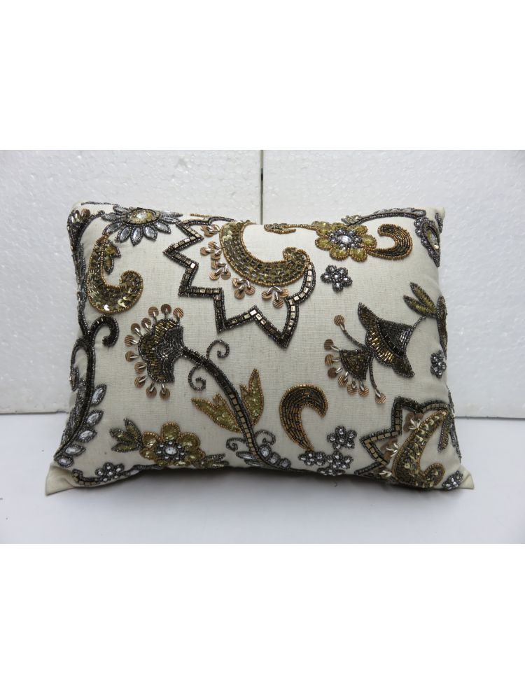 Grey & Golden Beaded cushion Cover